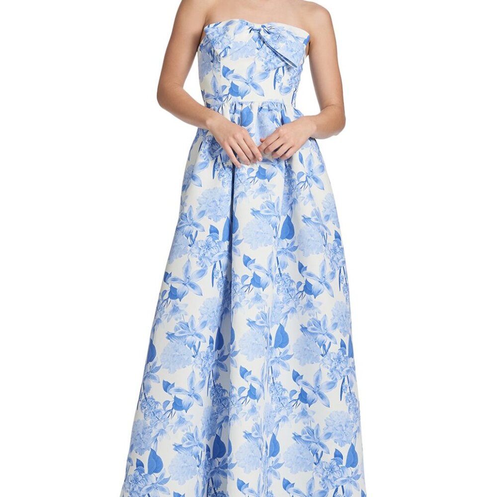 Sachin + Babi Strapless White Gown with Blue Floral Print